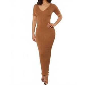 NEW UNTITLED IN MOTION v-neck bodycon ribbed dress in mocha
